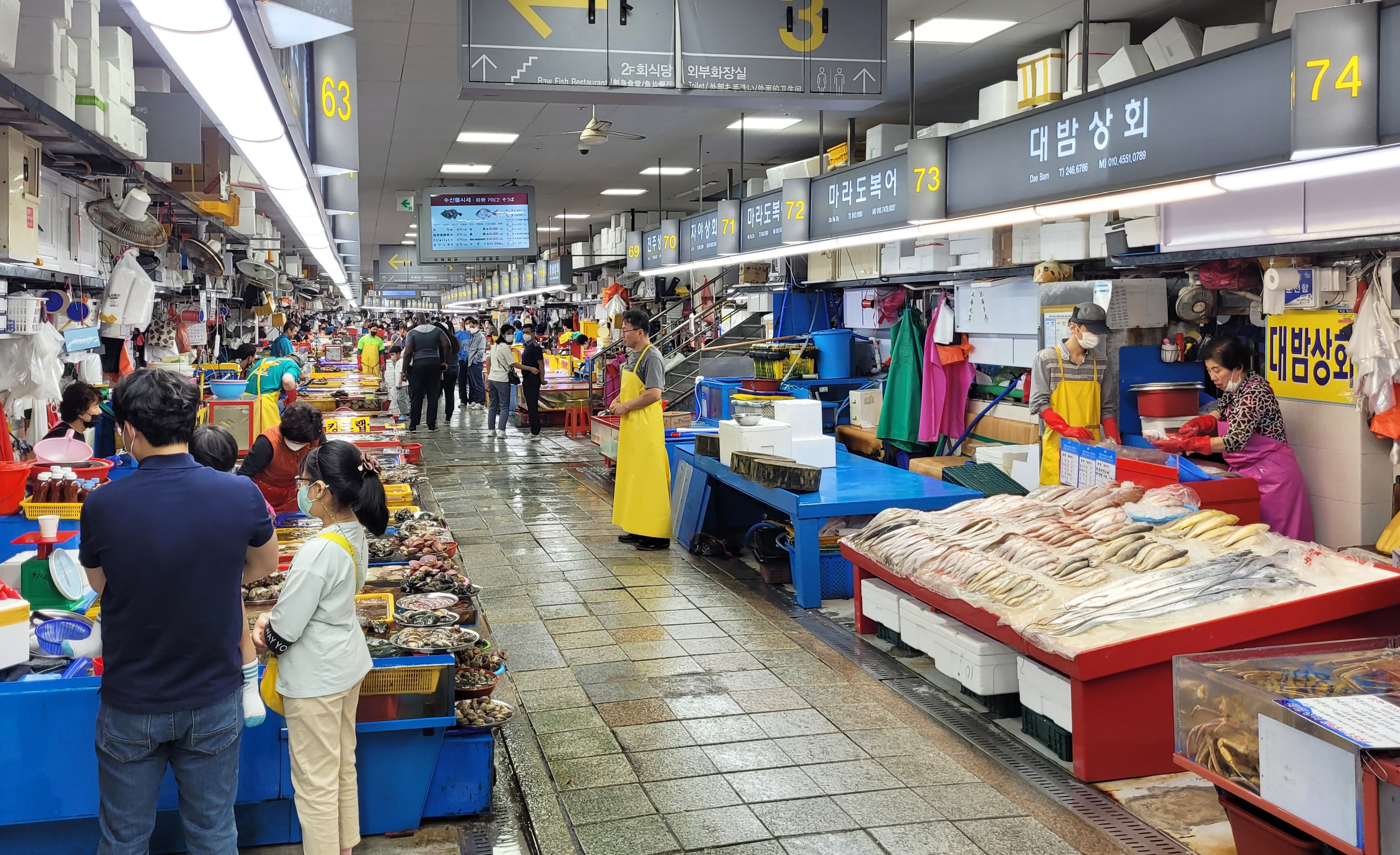 Numbered stalls lining an indoor aisle of Jagalchi Market