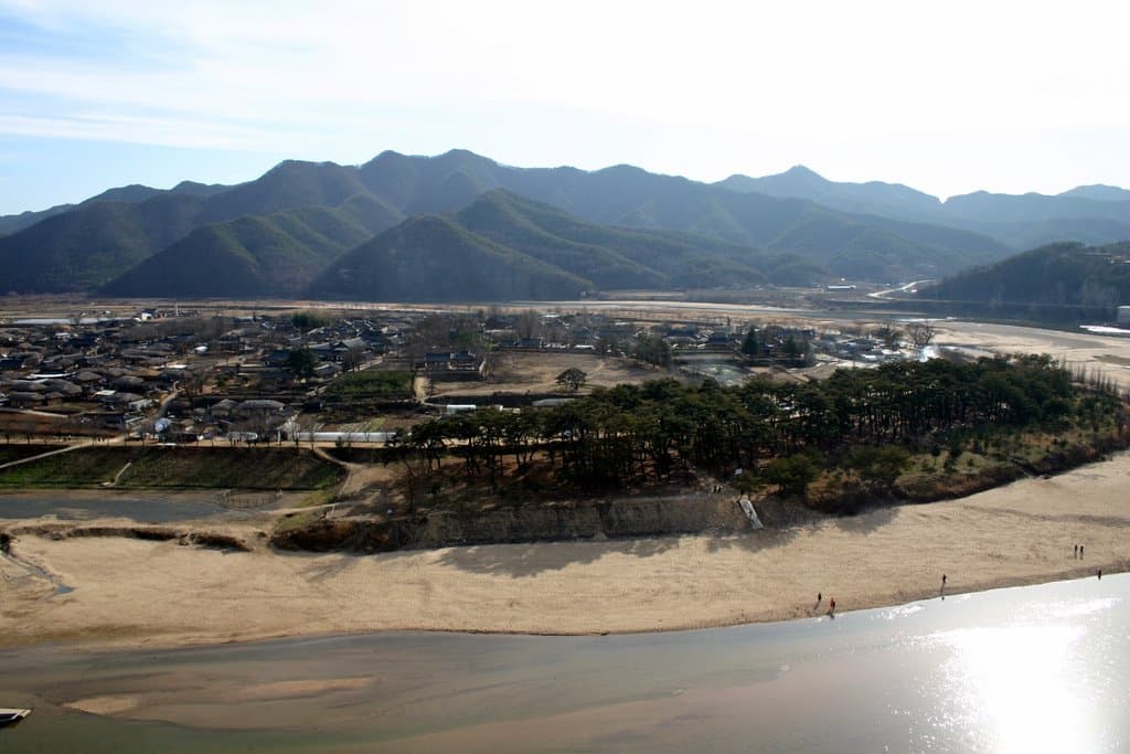 Andong Hahoe Village seen from above, encircled by a bend in the Nakdong River