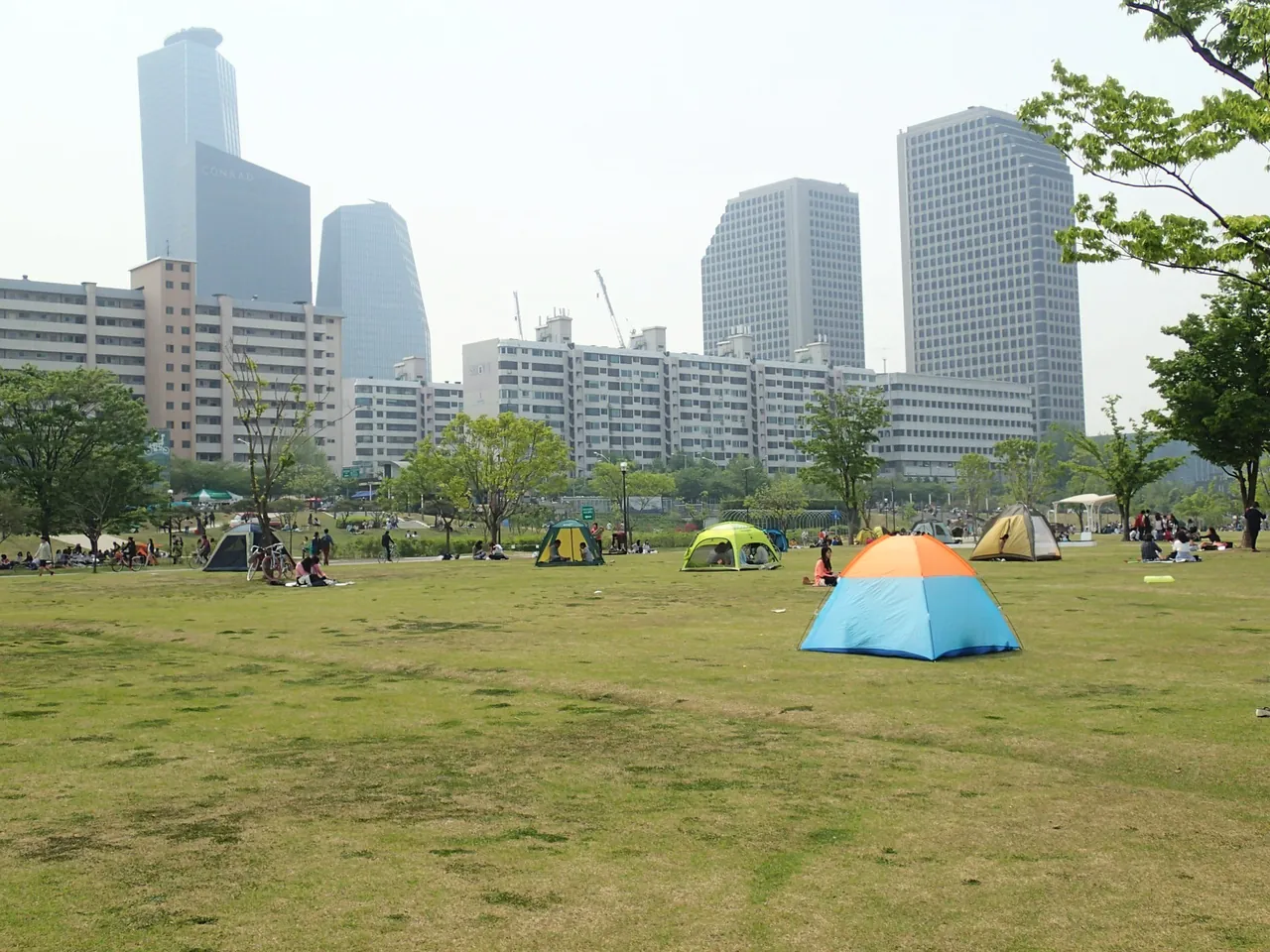 한강공원의 넓은 잔디밭. 앞쪽에 주황·파랑 그늘막 텐트가 서 있고 그 너머로 초록 텐트와 돗자리를 편 사람들이 잔디 곳곳에 흩어져 앉아 있다. 잔디 끝의 나무들 뒤로 아파트 단지와 고층 빌딩이 늘어서 있다